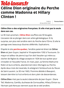 Céline Dion originaire du Perche comme Madonna et Hillary Clinton - 29 mars 2018 - Télé-Loisirs.fr