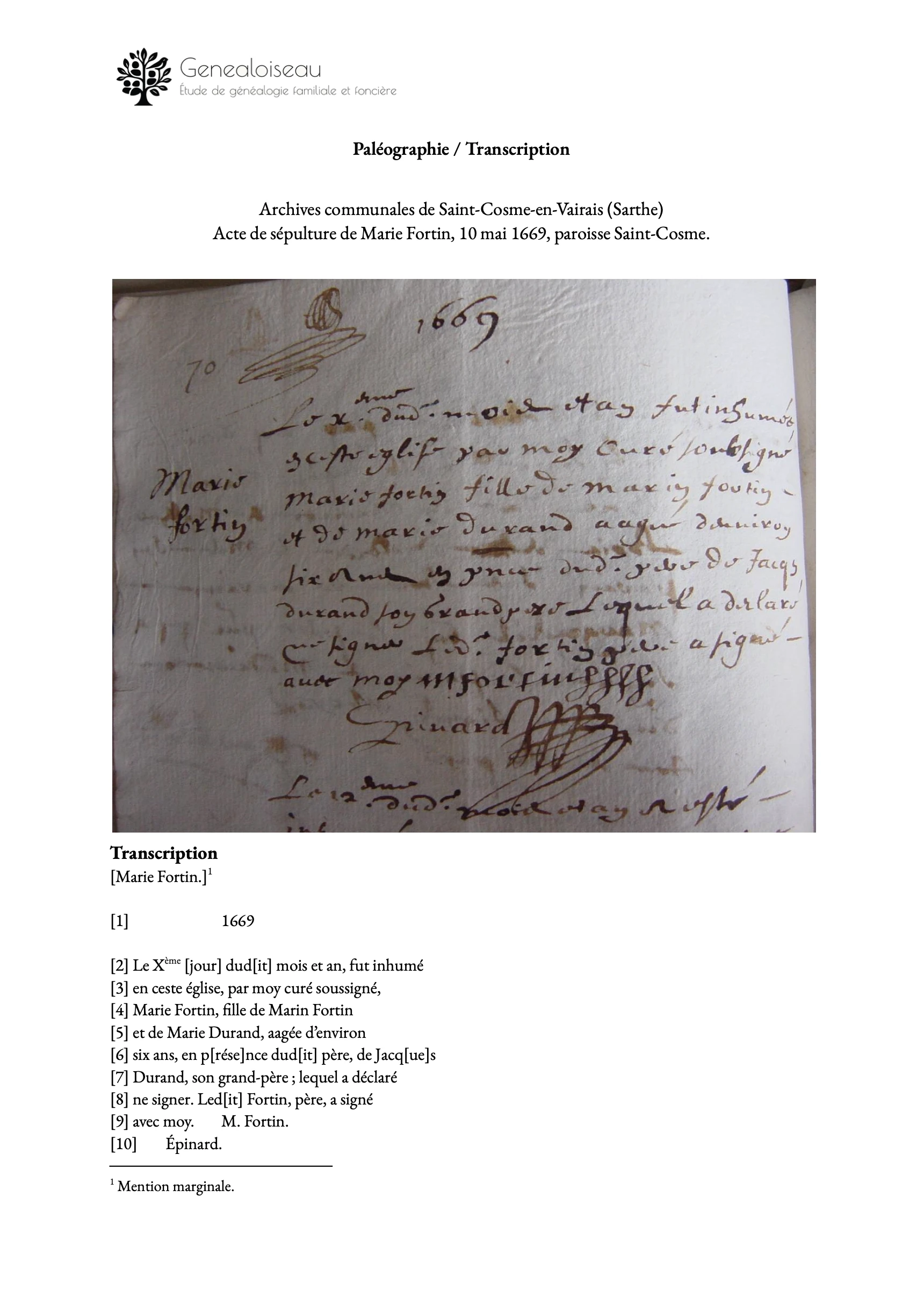 Transcription d'un acte de sépulture (1669)